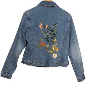 Central Falls Floral Beads Embroidered Lined Jean Jacket Womens Size Small